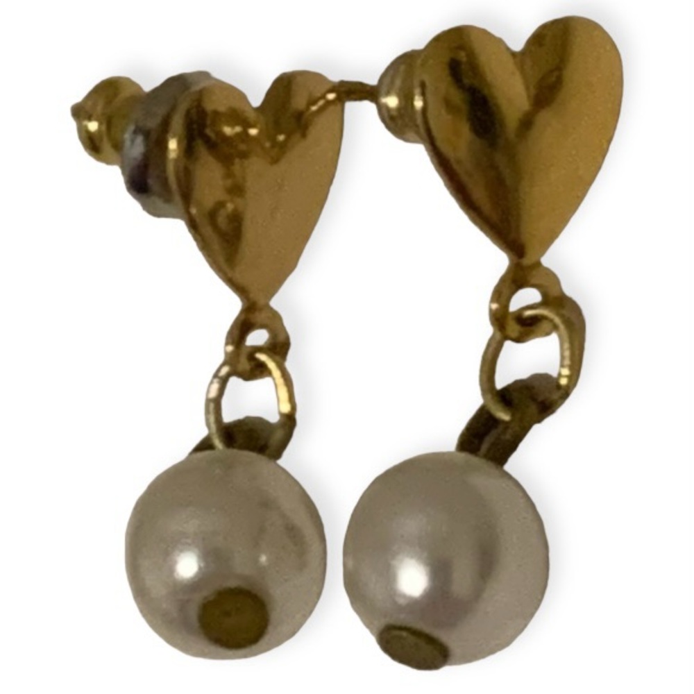 Heart Earrings, Pearl Dangles, Gold T, Posts Vintage 1” VALENTINES DAY LOVE VTG